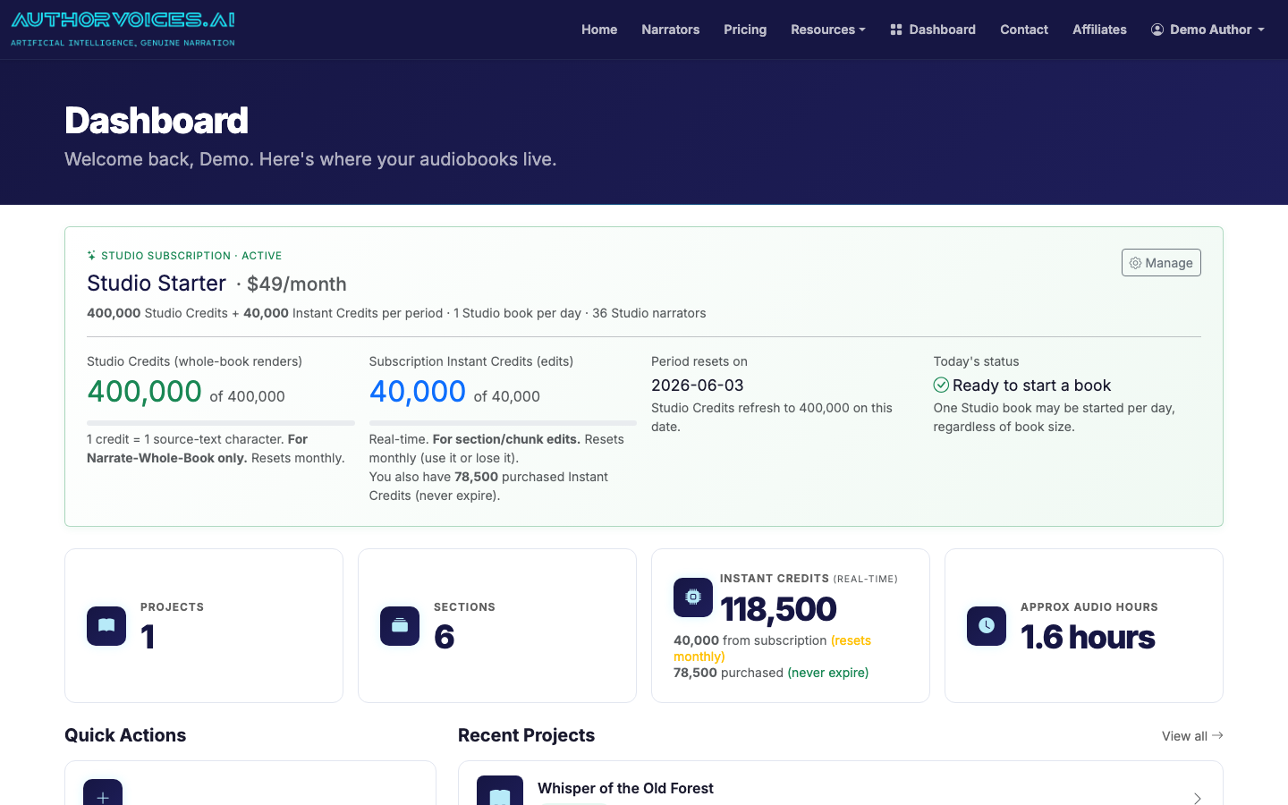Your dashboard shows projects, credit balance, and recent narration activity.