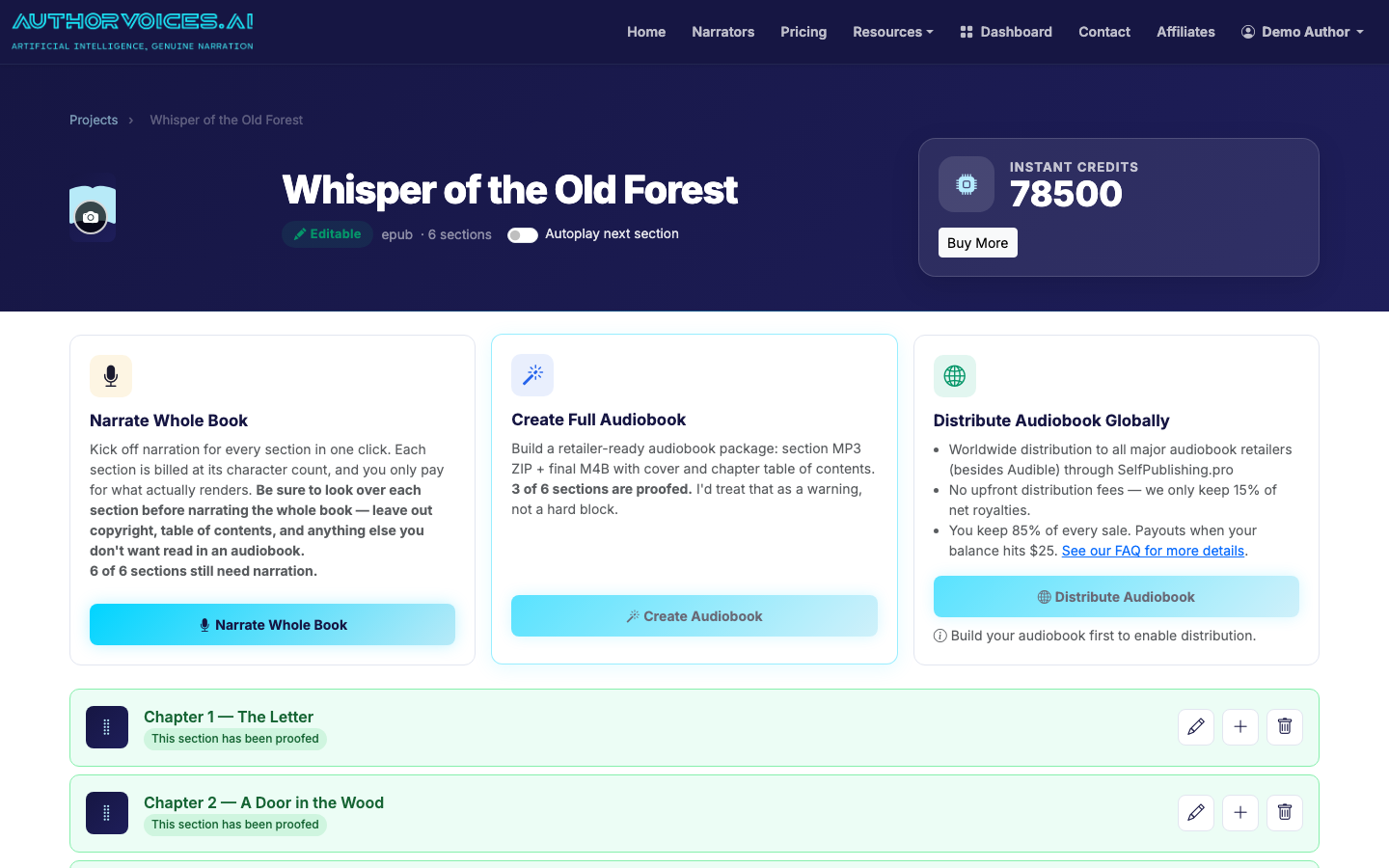 Narrate section-by-section or queue the whole book at once