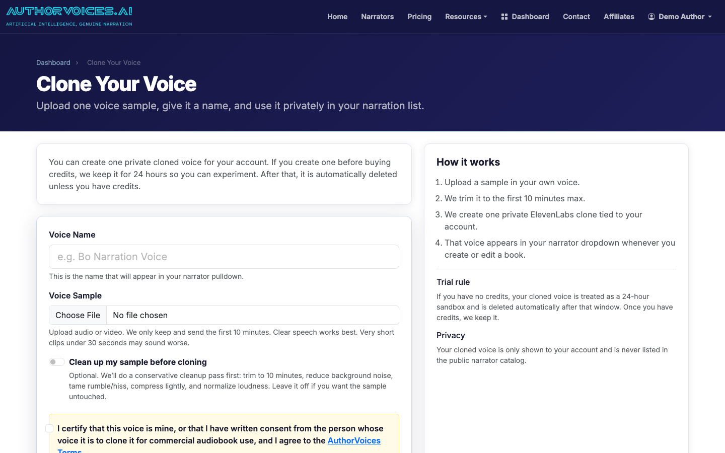Clone your own narrator from a 30-second clean voice sample.