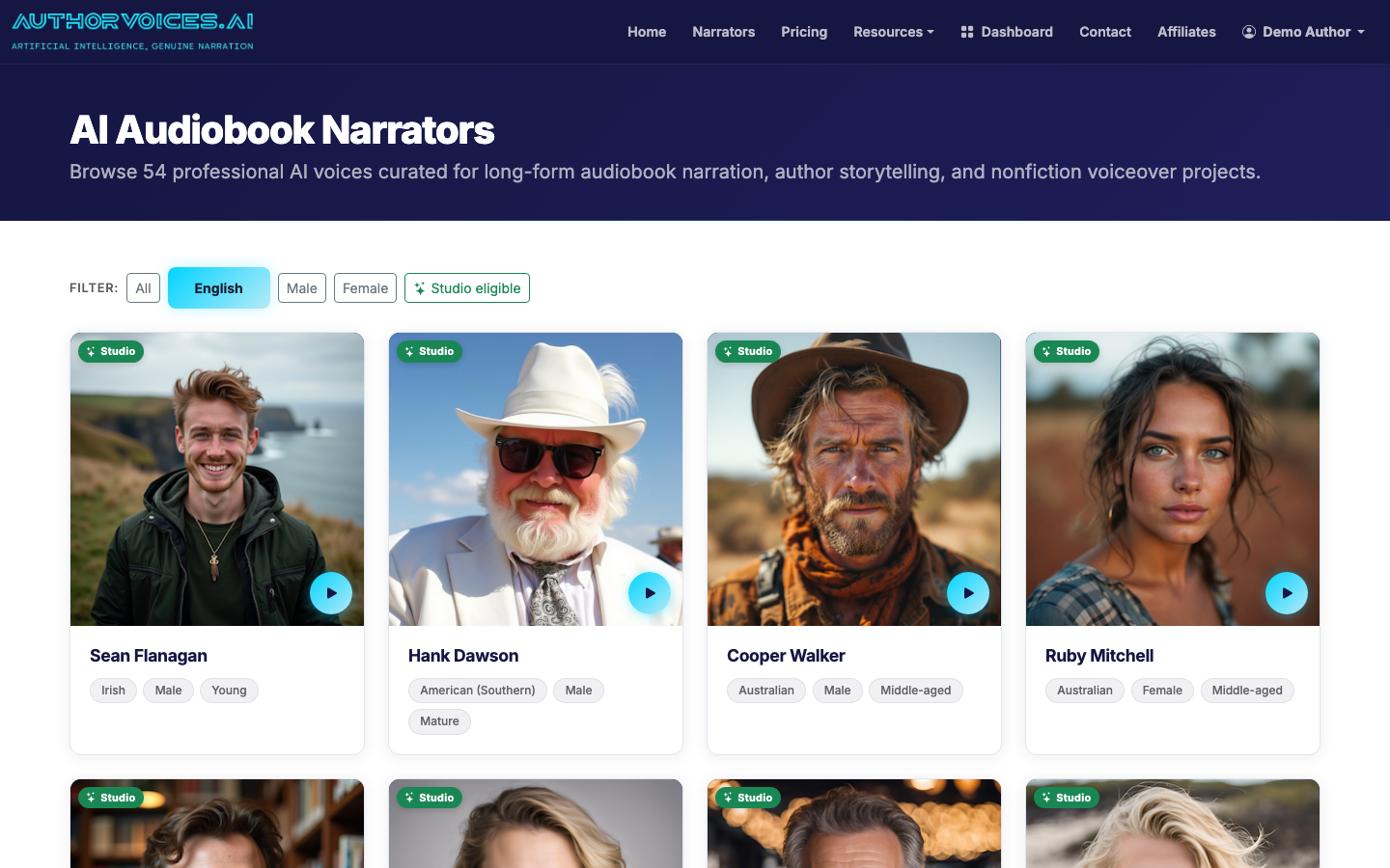 Filter the 54-voice catalog for Studio-eligible, clarity-first narrators