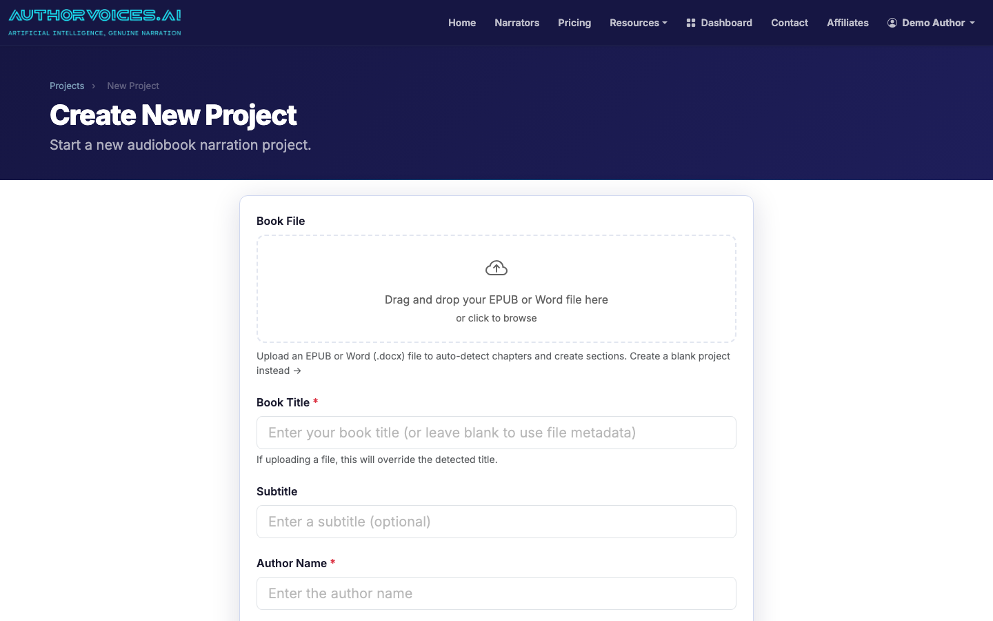 Upload your audio-adapted EPUB or DOCX to start the project